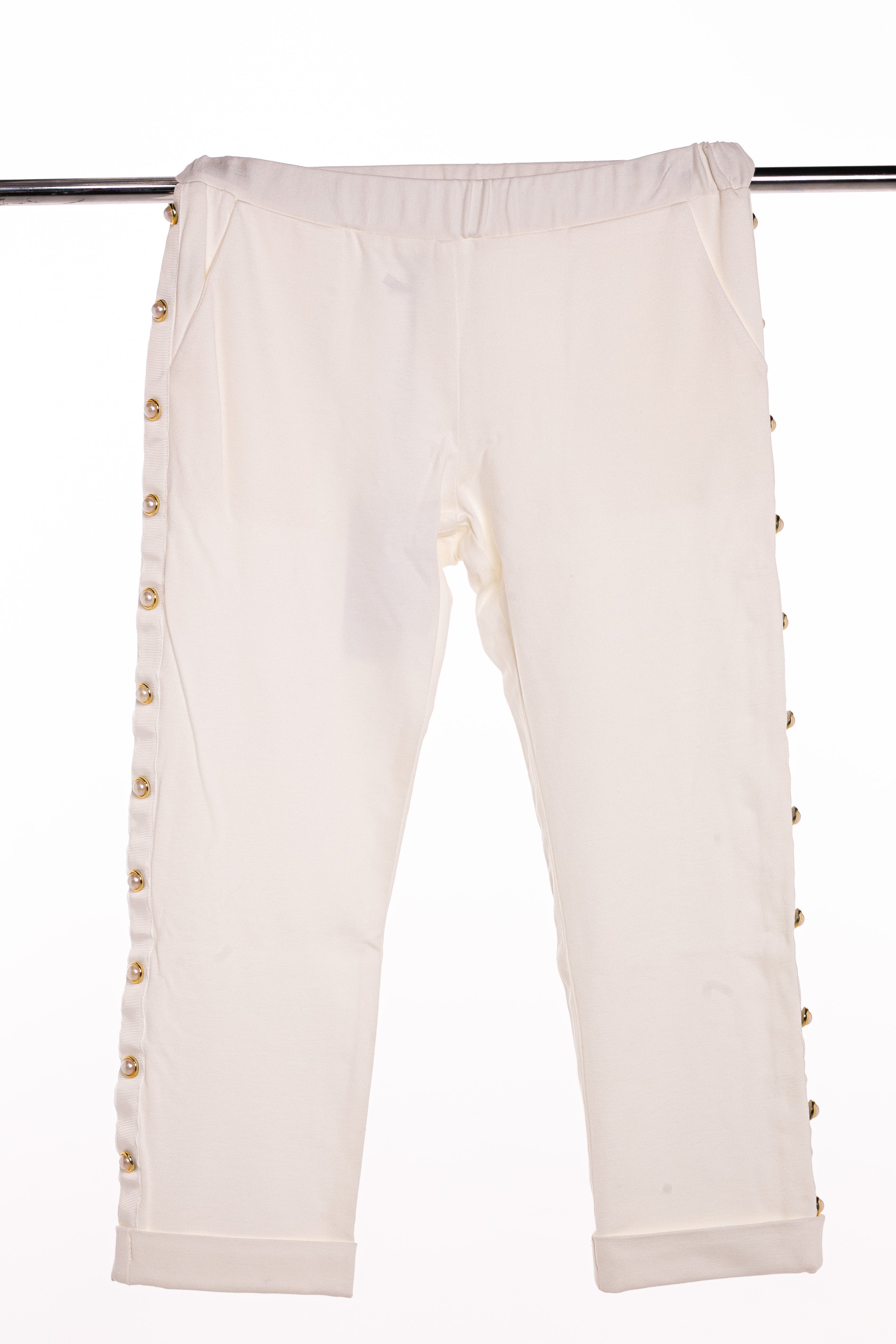 T-Love - White Jersey pants with pearl buttons